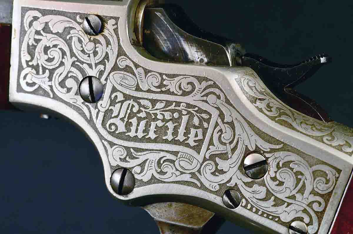 With the name prominently etched and engraved on the frame, there is no doubt about Lucile’s identity. Early high-grade Stevens rifles had the basic pattern etched, then sharpened with engraving. On Terry’s rifle, this was followed by nickel-plating.